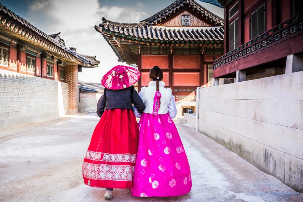 Korean Girls Dressed In Hanbok, Gyeongbokgung Palace, Seoul City, South Korea